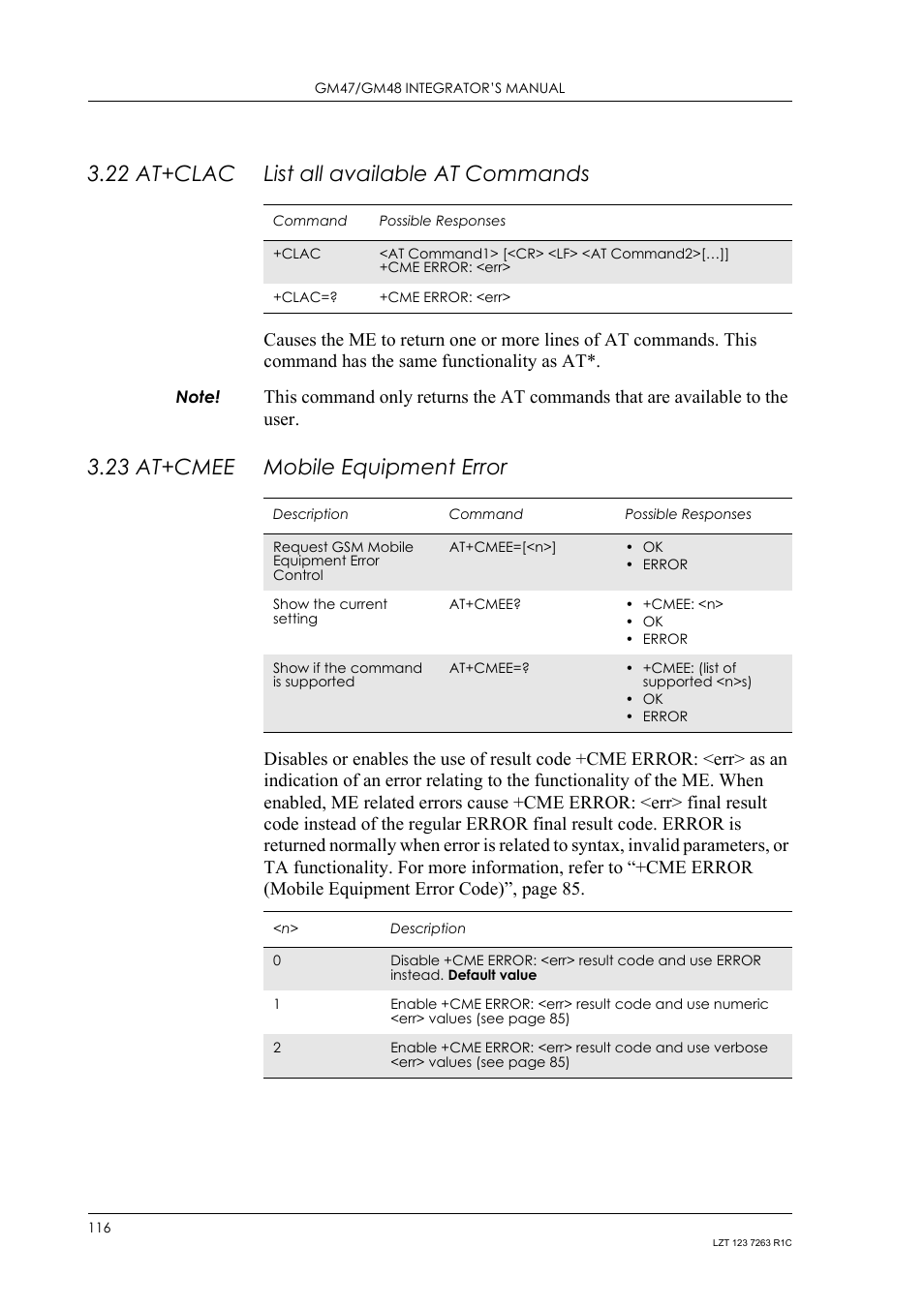 22 at+clac list all available at commands, 23 at+cmee mobile equipment error, 22 at+clac | List all available at commands, 23 at+cmee, Mobile equipment error | Sony Ericsson GM47 User Manual | Page 116 / 338