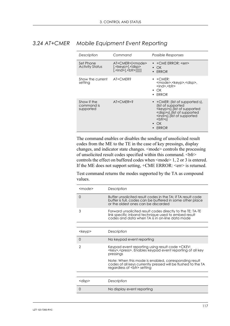 24 at+cmer mobile equipment event reporting, 24 at+cmer, Mobile equipment event reporting | Sony Ericsson GM47 User Manual | Page 117 / 338