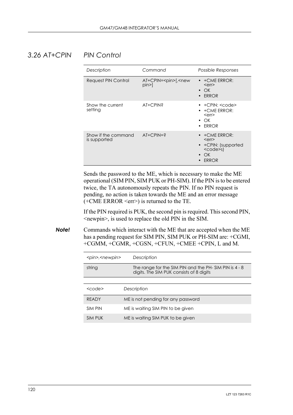 26 at+cpin pin control, 26 at+cpin, Pin control | Sony Ericsson GM47 User Manual | Page 120 / 338