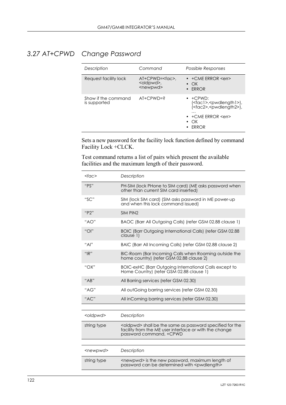 27 at+cpwd change password, 27 at+cpwd, Change password | Sony Ericsson GM47 User Manual | Page 122 / 338