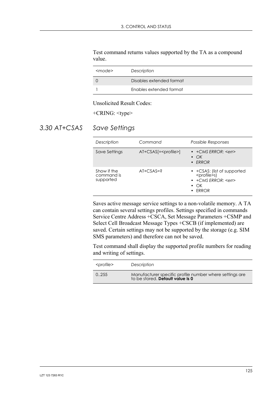 30 at+csas save settings, 30 at+csas, Save settings | Sony Ericsson GM47 User Manual | Page 125 / 338