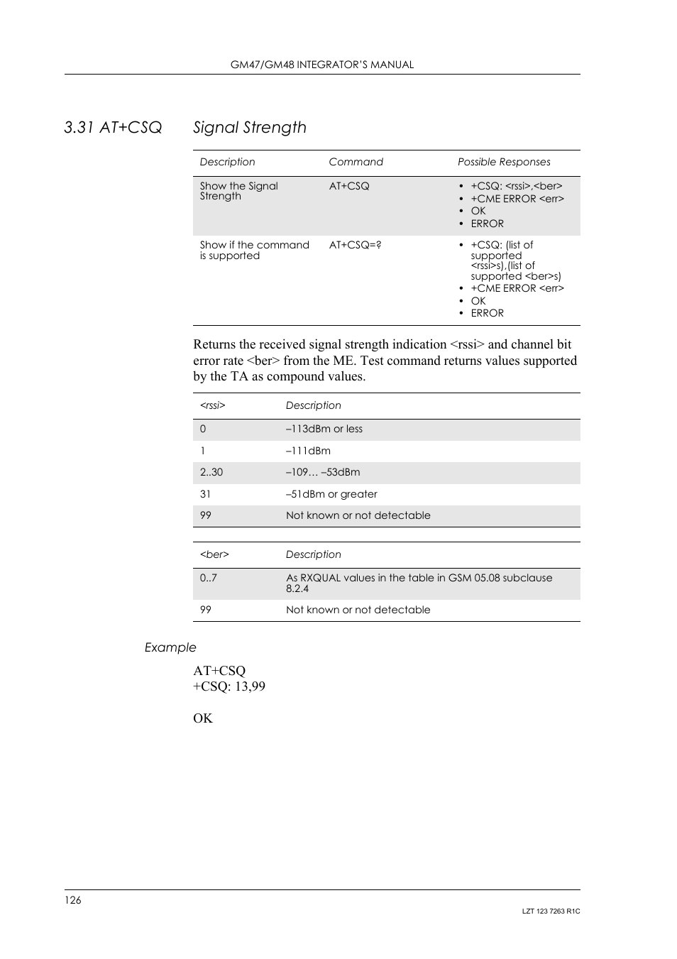31 at+csq signal strength, Example, 31 at+csq | Signal strength, At+csq +csq: 13,99 ok | Sony Ericsson GM47 User Manual | Page 126 / 338