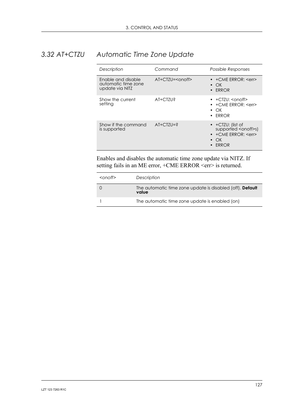 32 at+ctzu automatic time zone update, 32 at+ctzu, Automatic time zone update | Sony Ericsson GM47 User Manual | Page 127 / 338
