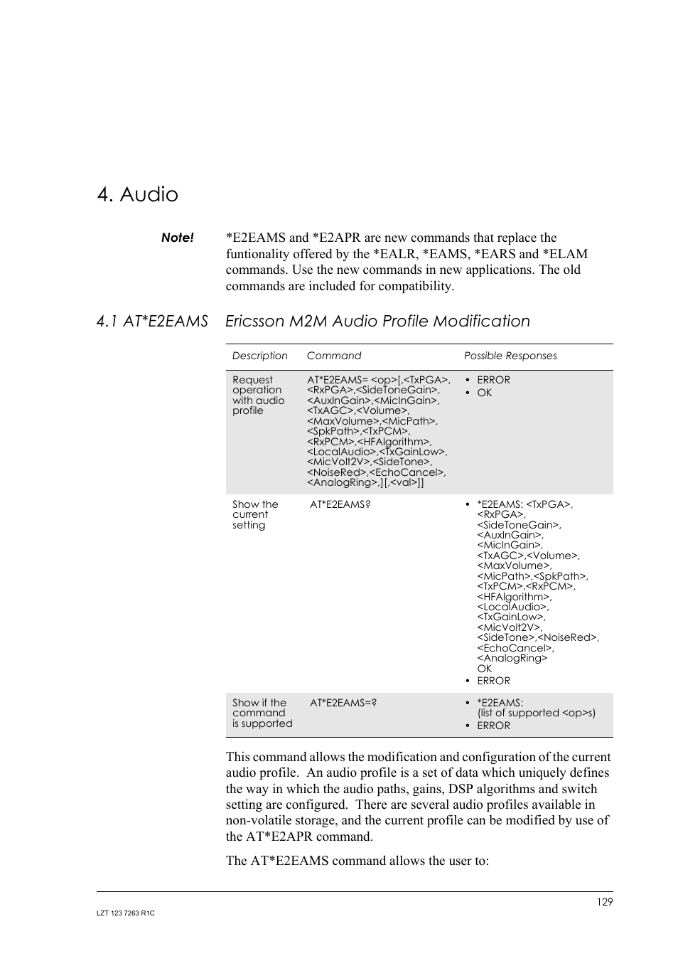 Audio, At*e2eams, Ericsson m2m audio profile modification | Sony Ericsson GM47 User Manual | Page 129 / 338