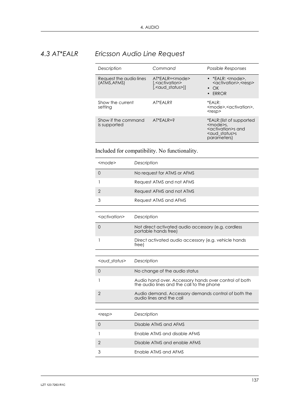 3 at*ealr ericsson audio line request, At*ealr, Ericsson audio line request | Included for compatibility. no functionality | Sony Ericsson GM47 User Manual | Page 137 / 338