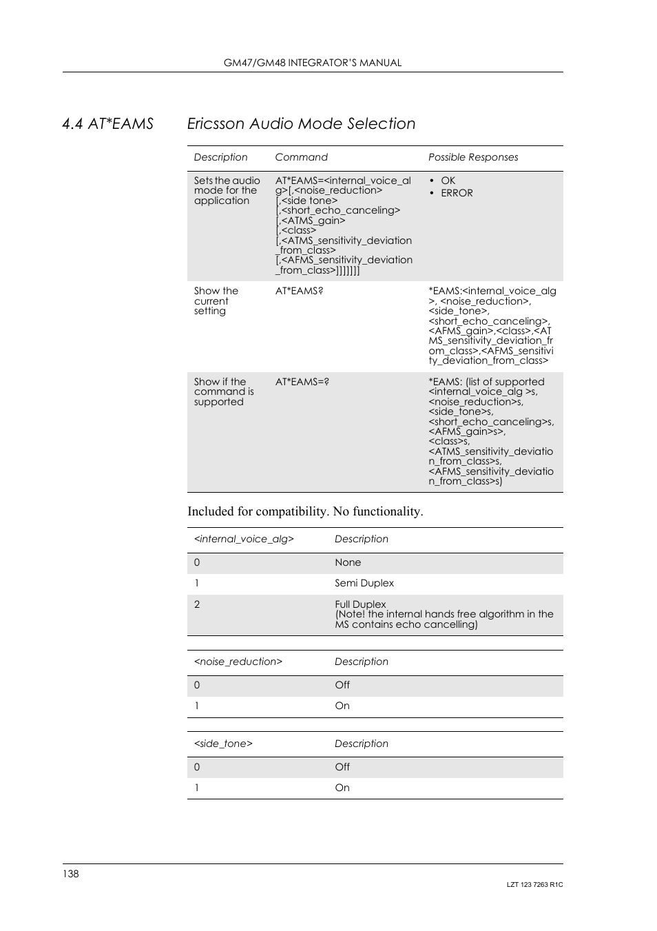 4 at*eams ericsson audio mode selection, At*eams, Ericsson audio mode selection | Included for compatibility. no functionality | Sony Ericsson GM47 User Manual | Page 138 / 338