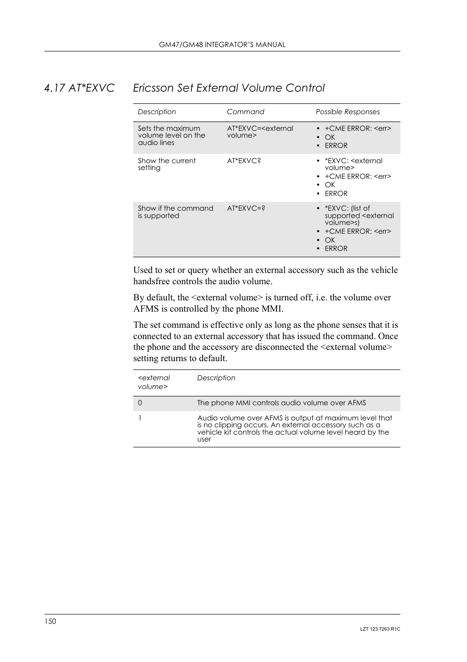 17 at*exvc ericsson set external volume control, 17 at*exvc, Ericsson set external volume control | Sony Ericsson GM47 User Manual | Page 150 / 338