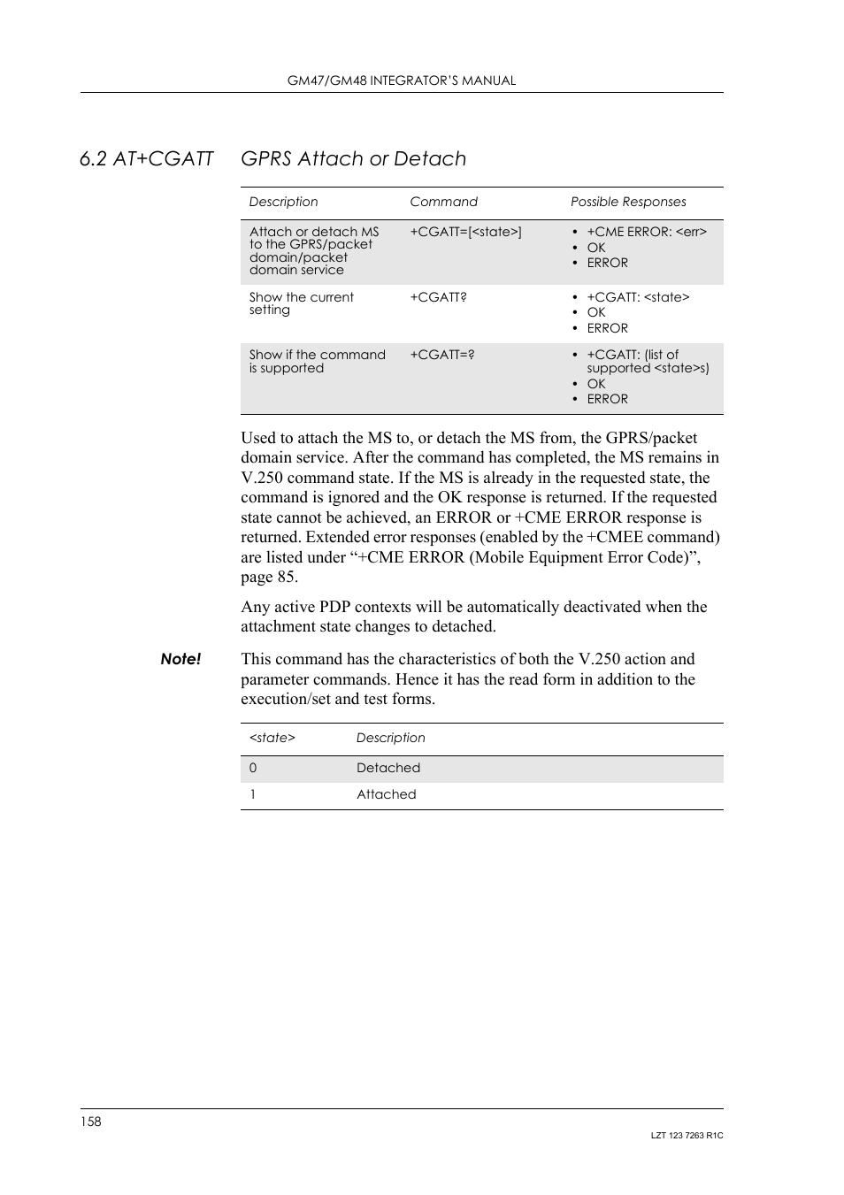 2 at+cgatt gprs attach or detach, At+cgatt, Gprs attach or detach | Sony Ericsson GM47 User Manual | Page 158 / 338