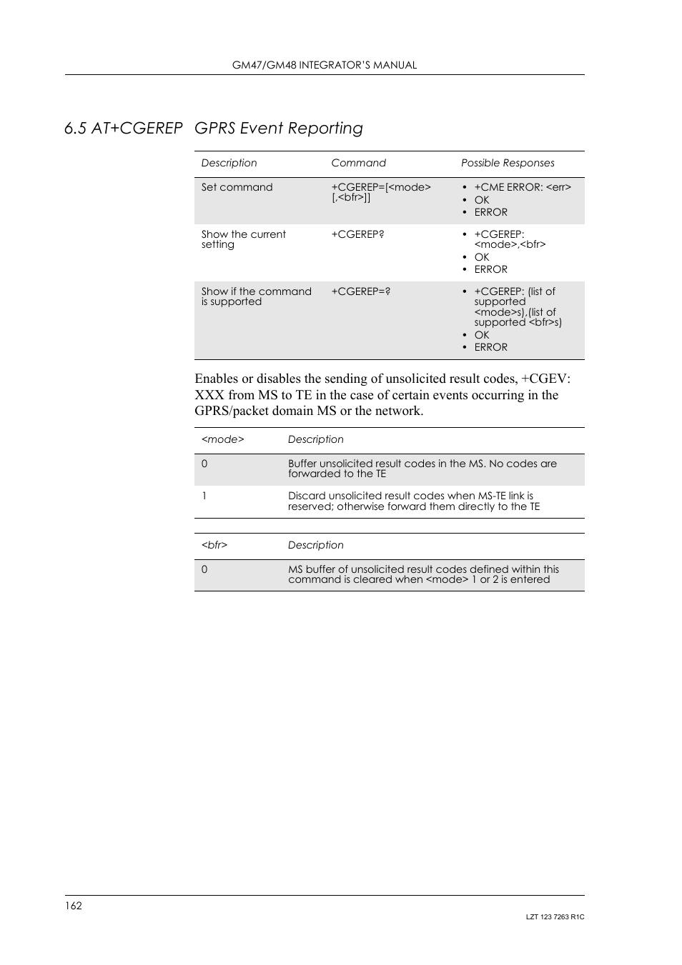 5 at+cgerep gprs event reporting, At+cgerep, Gprs event reporting | Sony Ericsson GM47 User Manual | Page 162 / 338