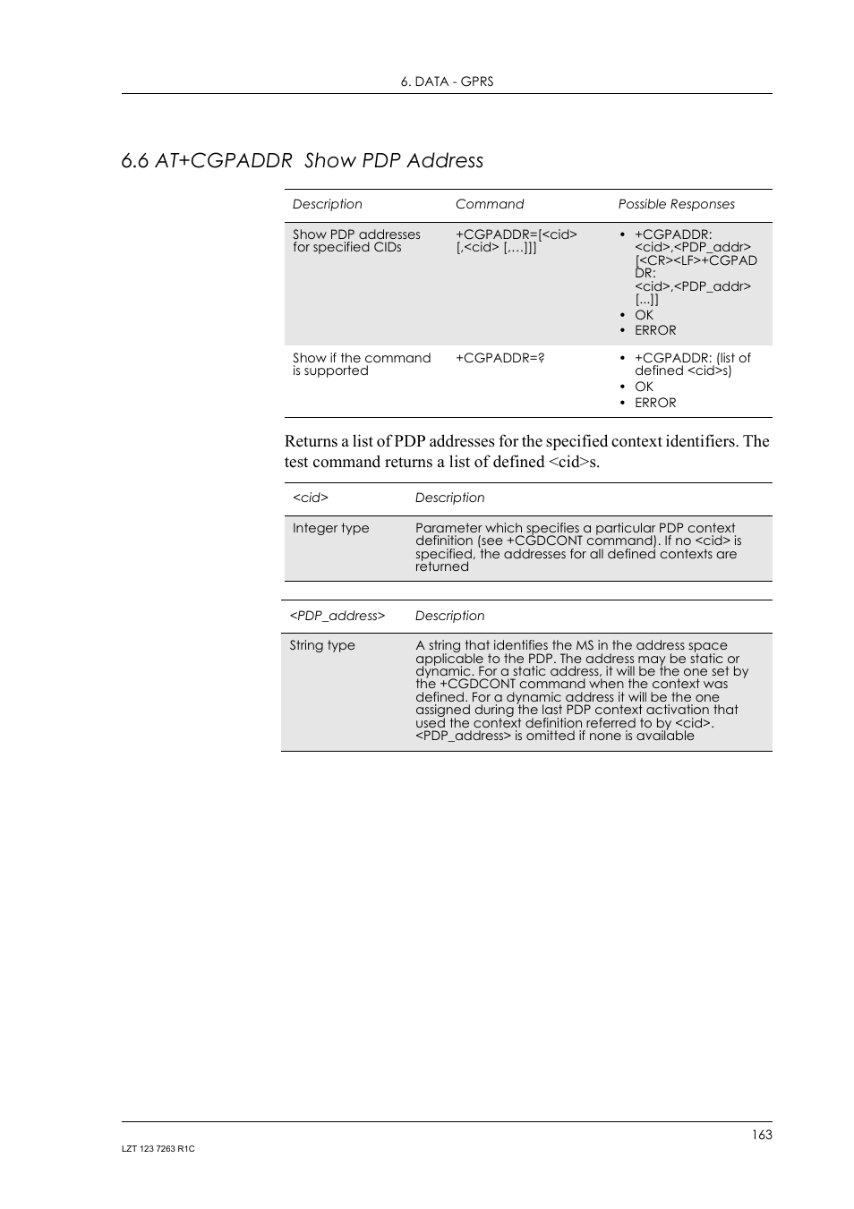 6 at+cgpaddr show pdp address, At+cgpaddr show pdp address | Sony Ericsson GM47 User Manual | Page 163 / 338