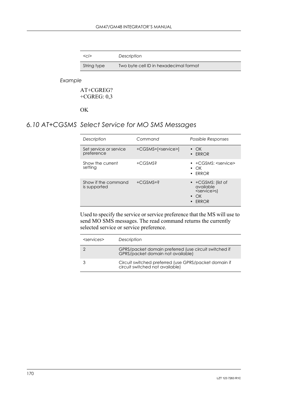 Example, 10 at+cgsms select service for mo sms messages, 10 at+cgsms | Select service for mo sms messages, At+cgreg? +cgreg: 0,3 ok | Sony Ericsson GM47 User Manual | Page 170 / 338