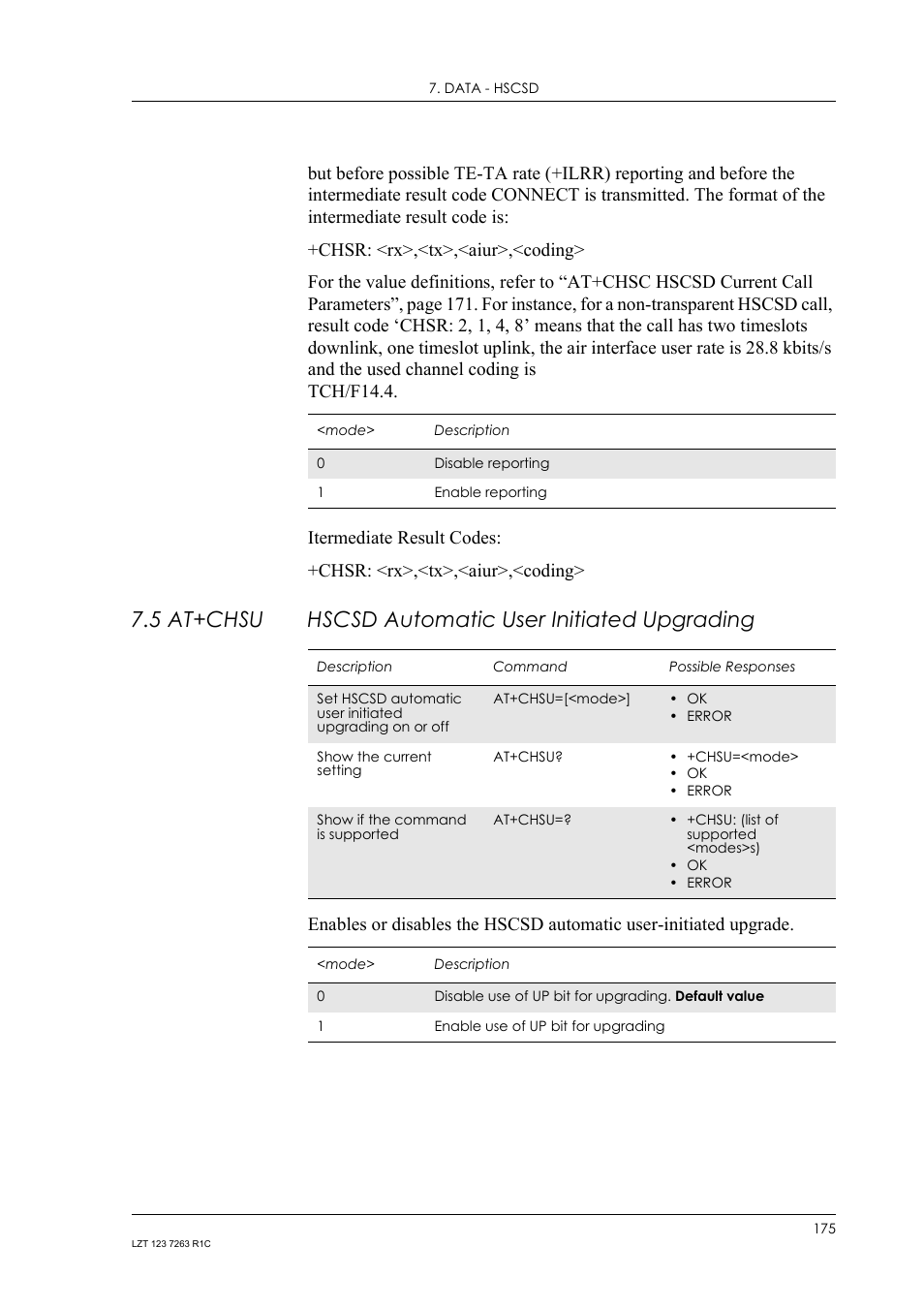 5 at+chsu hscsd automatic user initiated upgrading, At+chsu, Hscsd automatic user initiated upgrading | Sony Ericsson GM47 User Manual | Page 175 / 338