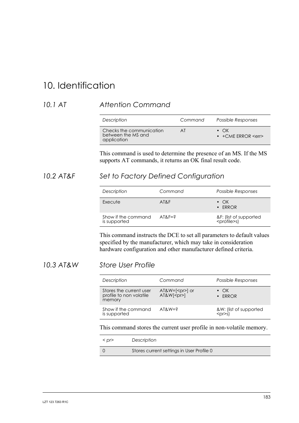 Identification, 1 at attention command, 2 at&f set to factory defined configuration | 3 at&w store user profile, 1 at, Attention command, 2 at&f, Set to factory defined configuration, 3 at&w, Store user profile | Sony Ericsson GM47 User Manual | Page 183 / 338