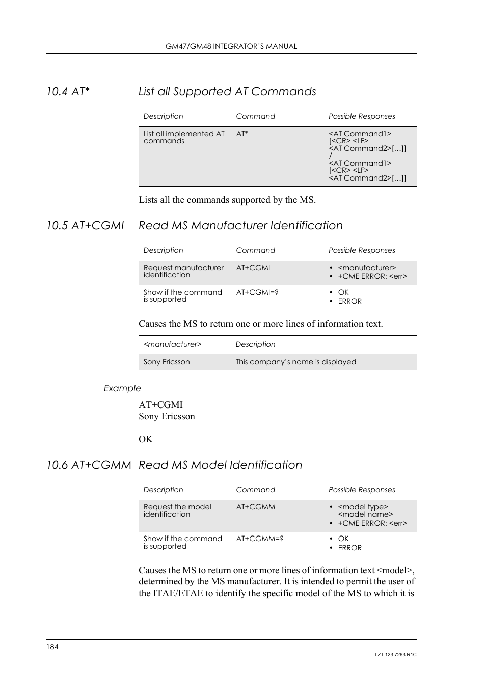 4 at* list all supported at commands, 5 at+cgmi read ms manufacturer identification, Example | 6 at+cgmm read ms model identification, 4 at, List all supported at commands, 5 at+cgmi, Read ms manufacturer identification, 6 at+cgmm, Read ms model identification | Sony Ericsson GM47 User Manual | Page 184 / 338