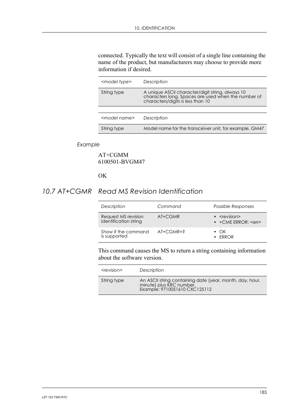 Example, 7 at+cgmr read ms revision identification, 7 at+cgmr | Read ms revision identification | Sony Ericsson GM47 User Manual | Page 185 / 338