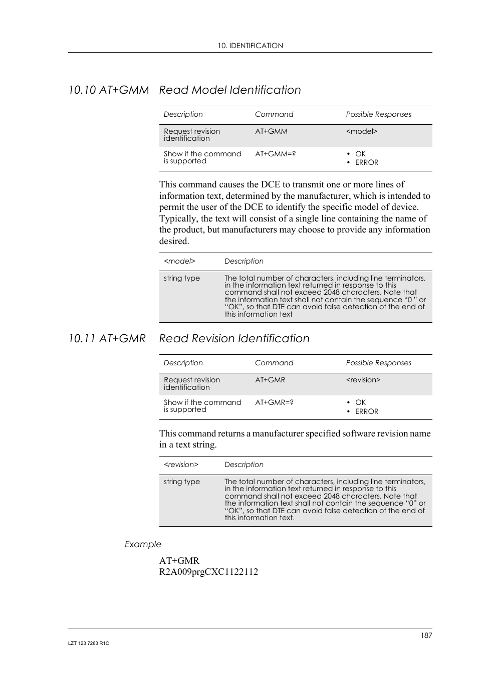 10 at+gmm read model identification, 11 at+gmr read revision identification, Example | 10 at+gmm, Read model identification, 11 at+gmr, Read revision identification | Sony Ericsson GM47 User Manual | Page 187 / 338
