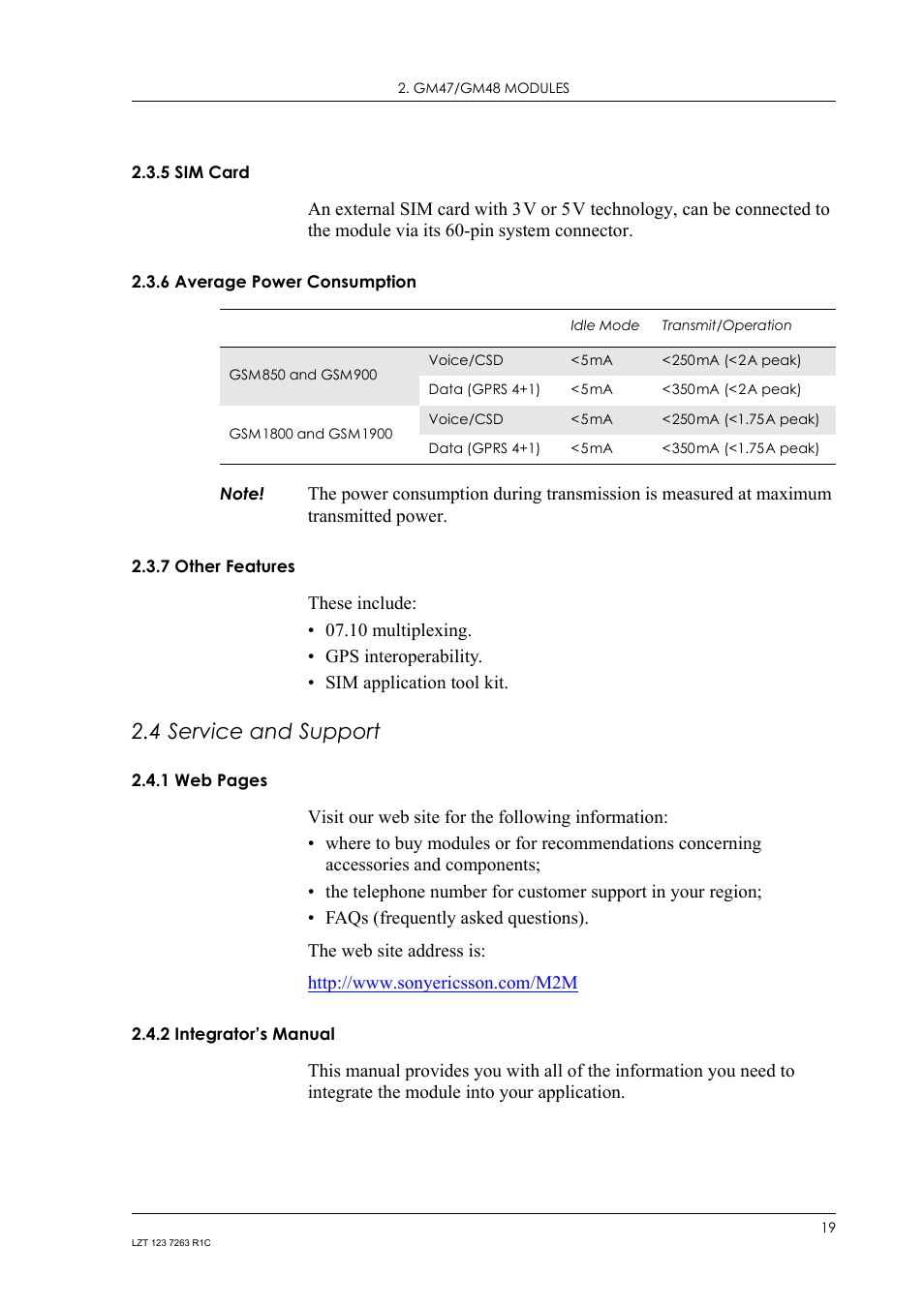 5 sim card, 6 average power consumption, 7 other features | 4 service and support, 2 integrator’s manual, Sim card, Average power consumption, Other features, Service and support 2.4.1, Integrator’s manual | Sony Ericsson GM47 User Manual | Page 19 / 338