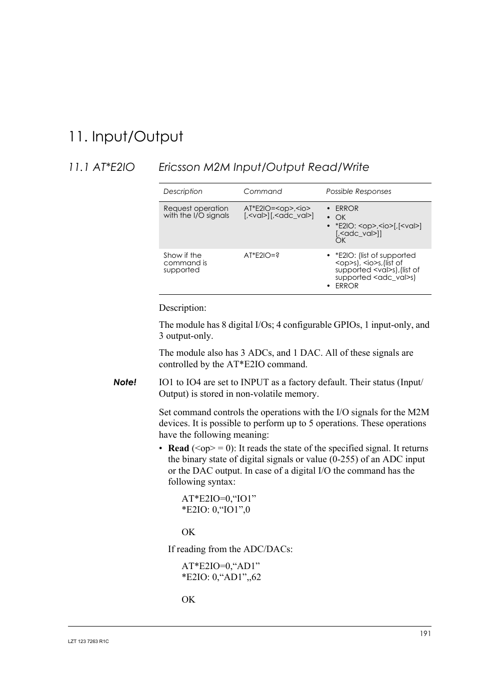 Input/output, 1 at*e2io ericsson m2m input/output read/write, 1 at*e2io | Ericsson m2m input/output read/write | Sony Ericsson GM47 User Manual | Page 191 / 338