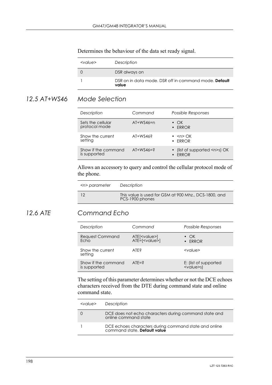 5 at+ws46 mode selection, 6 ate command echo, 5 at+ws46 | Mode selection, 6 ate, Command echo | Sony Ericsson GM47 User Manual | Page 198 / 338