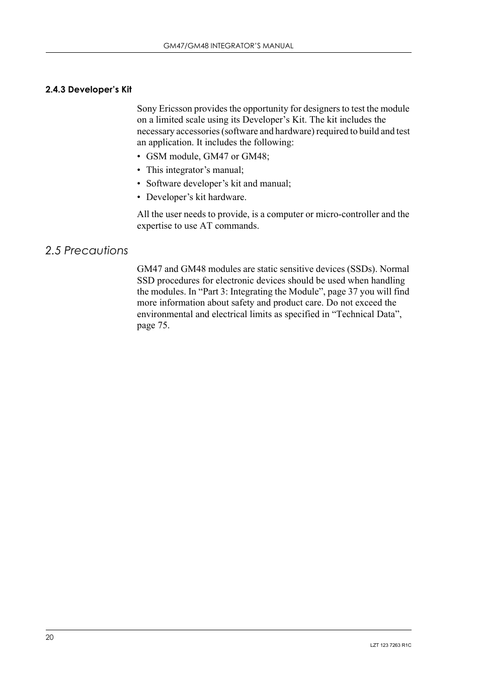 3 developer’s kit, 5 precautions, Developer’s kit | Precautions | Sony Ericsson GM47 User Manual | Page 20 / 338