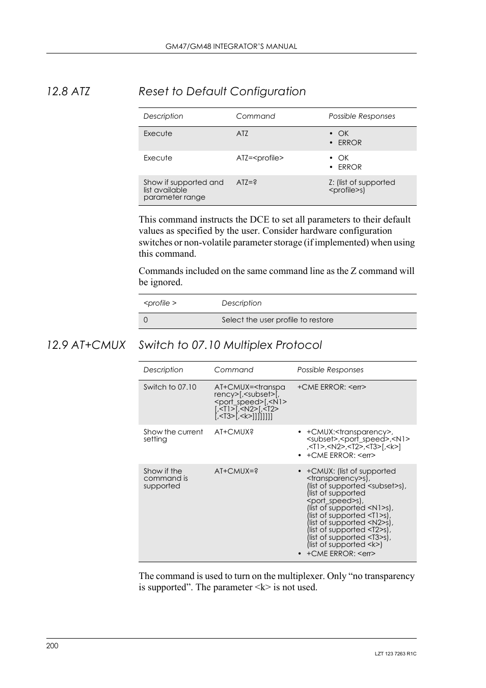 8 atz reset to default configuration, 9 at+cmux switch to 07.10 multiplex protocol, 8 atz | Reset to default configuration, 9 at+cmux, Switch to 07.10 multiplex protocol | Sony Ericsson GM47 User Manual | Page 200 / 338