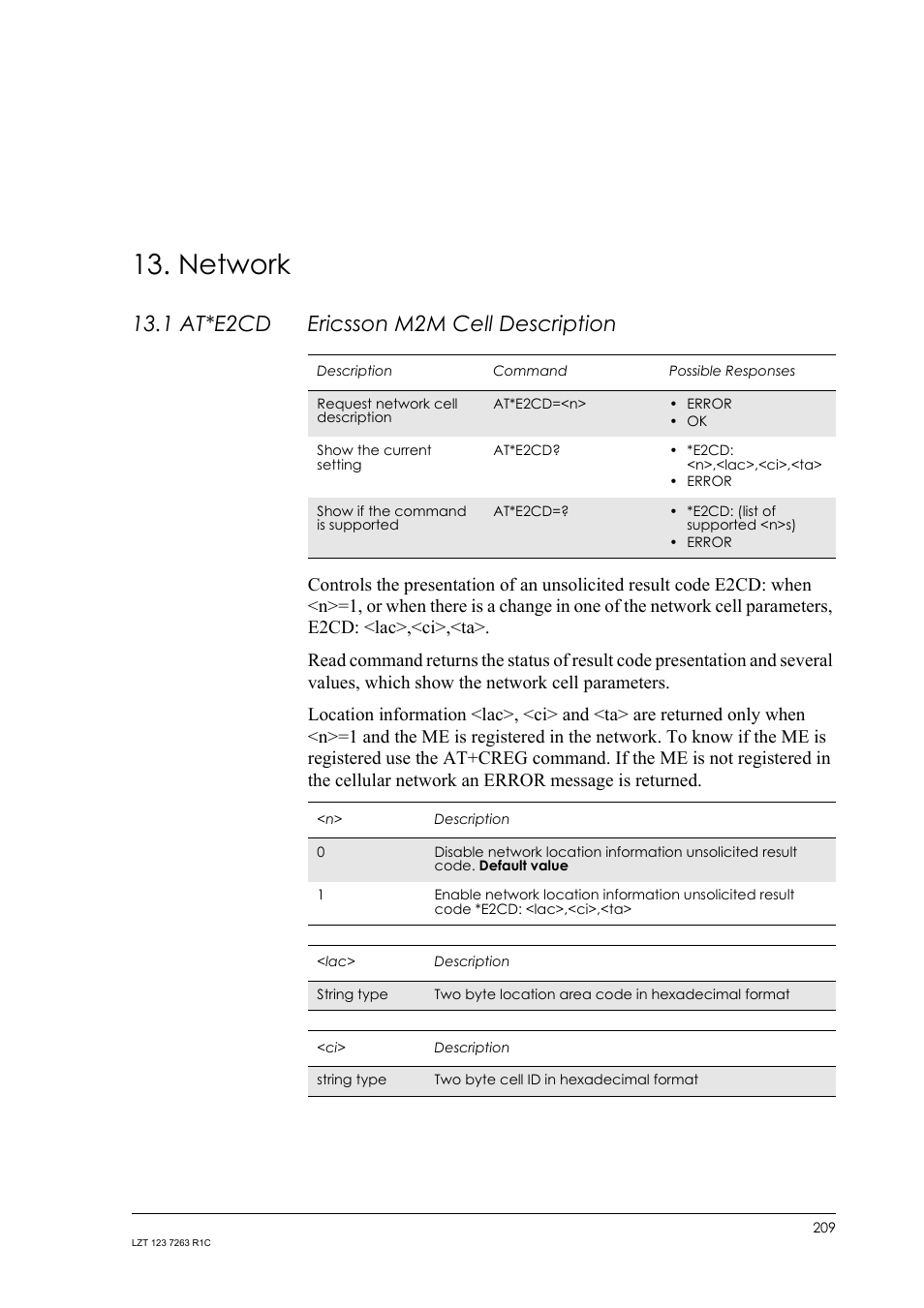 Network, 1 at*e2cd ericsson m2m cell description, 1 at*e2cd | Ericsson m2m cell description | Sony Ericsson GM47 User Manual | Page 209 / 338