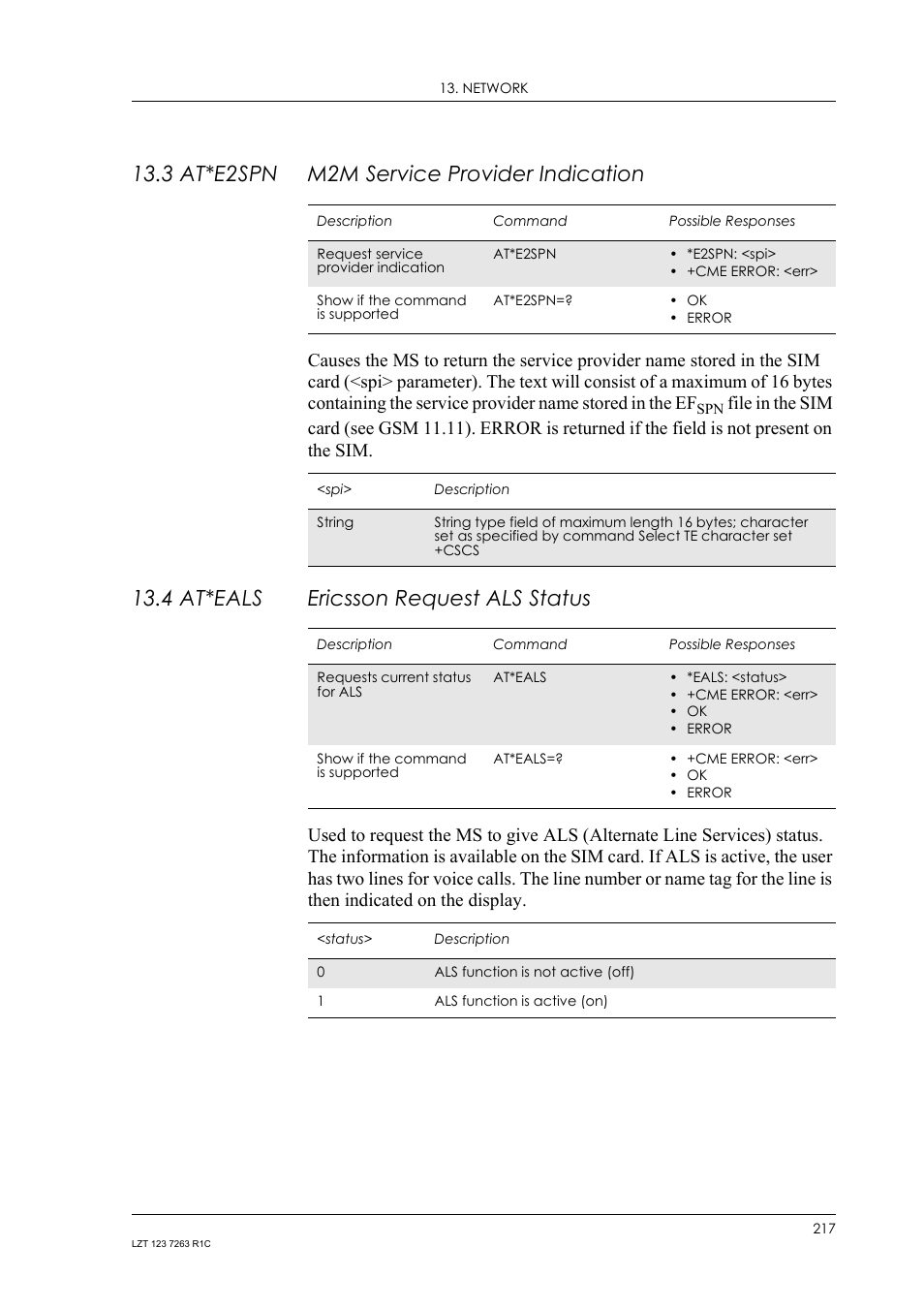 3 at*e2spn m2m service provider indication, 4 at*eals ericsson request als status, 3 at*e2spn | M2m service provider indication, 4 at*eals, Ericsson request als status | Sony Ericsson GM47 User Manual | Page 217 / 338