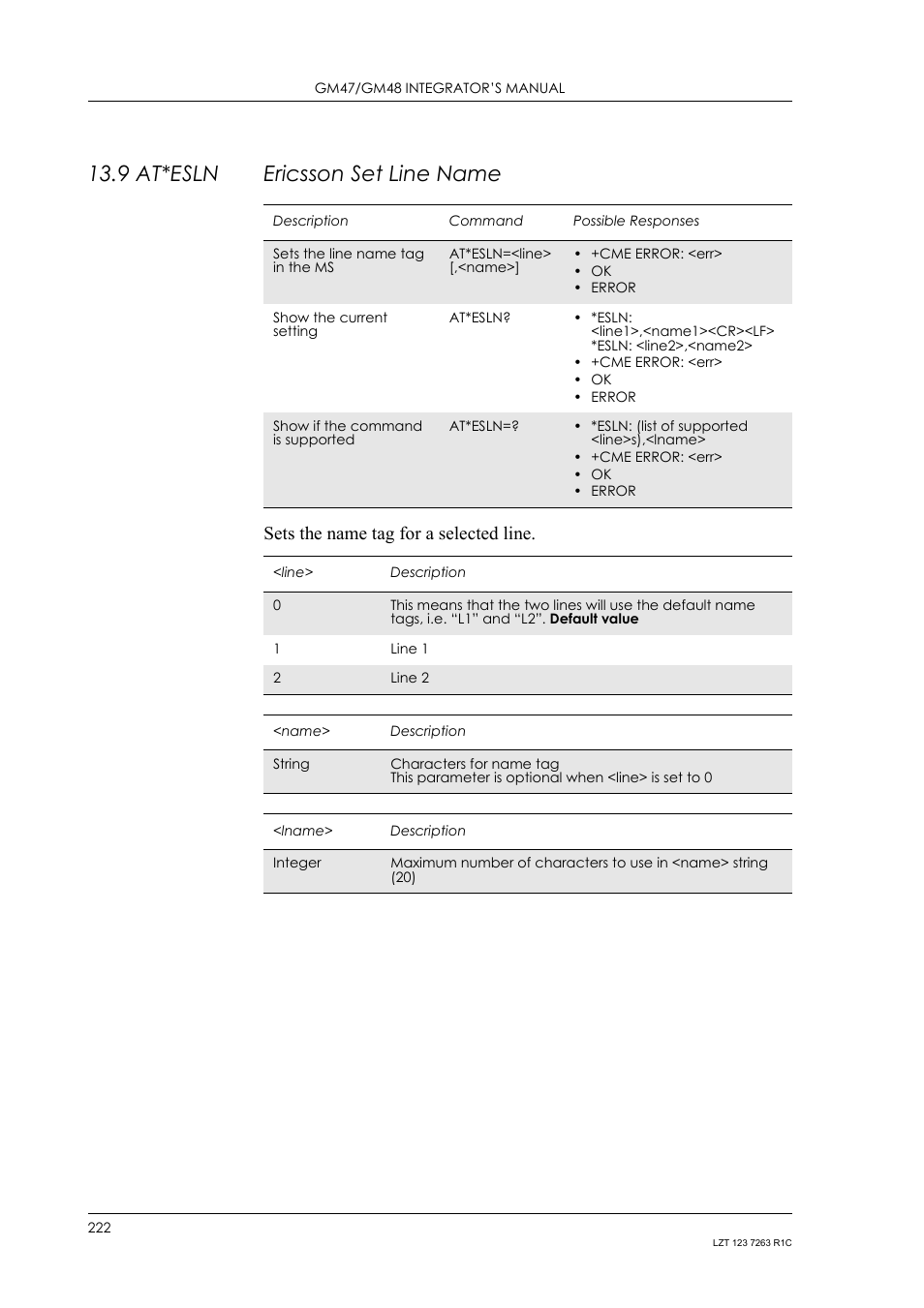 9 at*esln ericsson set line name, 9 at*esln, Ericsson set line name | Sets the name tag for a selected line | Sony Ericsson GM47 User Manual | Page 222 / 338