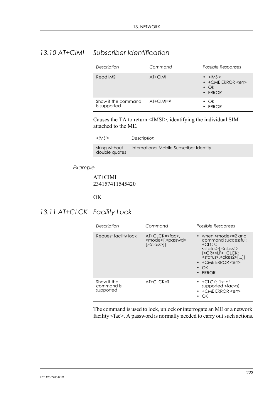 10 at+cimi subscriber identification, Example, 11 at+clck facility lock | 10 at+cimi, Subscriber identification, 11 at+clck, Facility lock | Sony Ericsson GM47 User Manual | Page 223 / 338