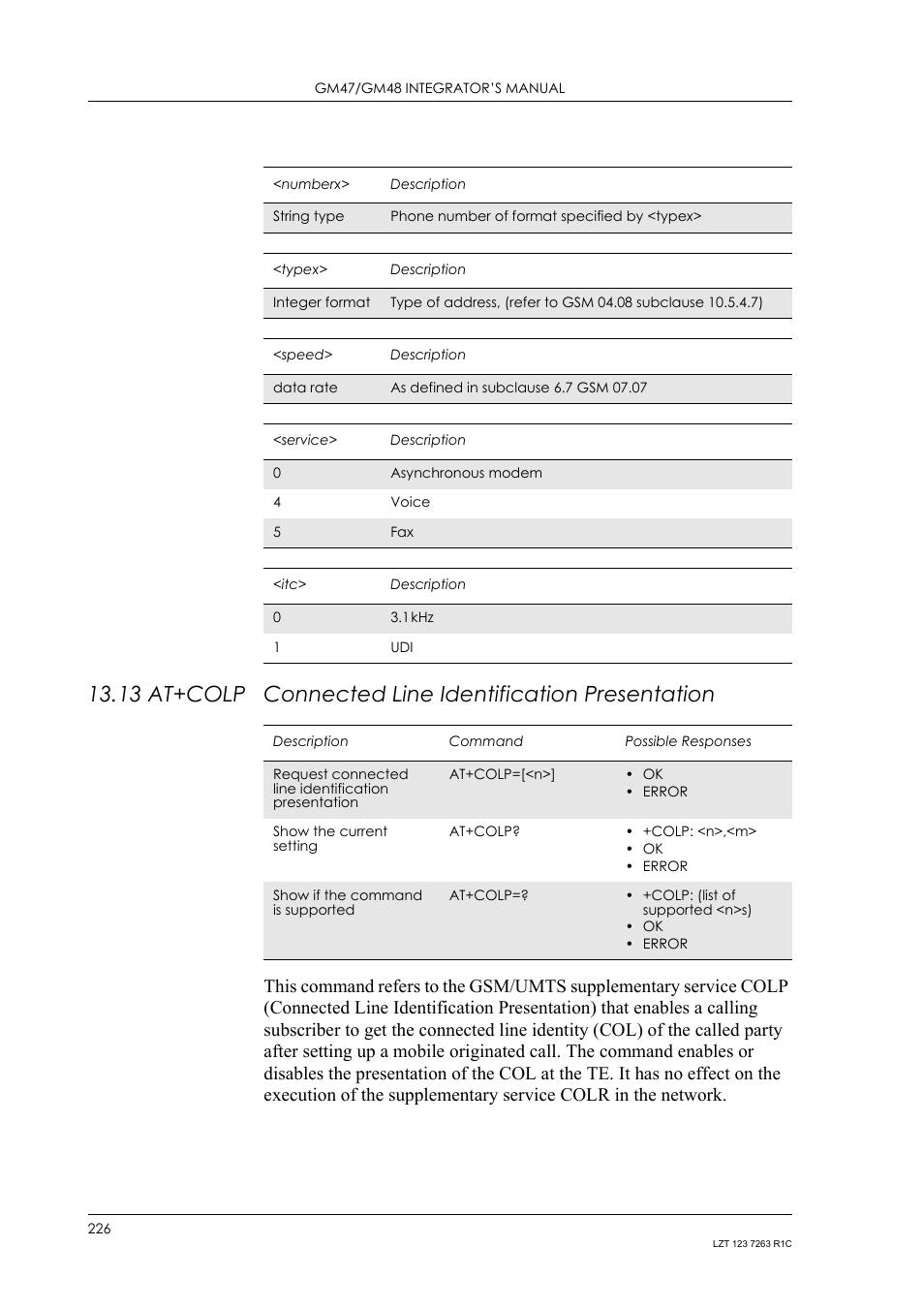 13 at+colp, Connected line identification presentation | Sony Ericsson GM47 User Manual | Page 226 / 338