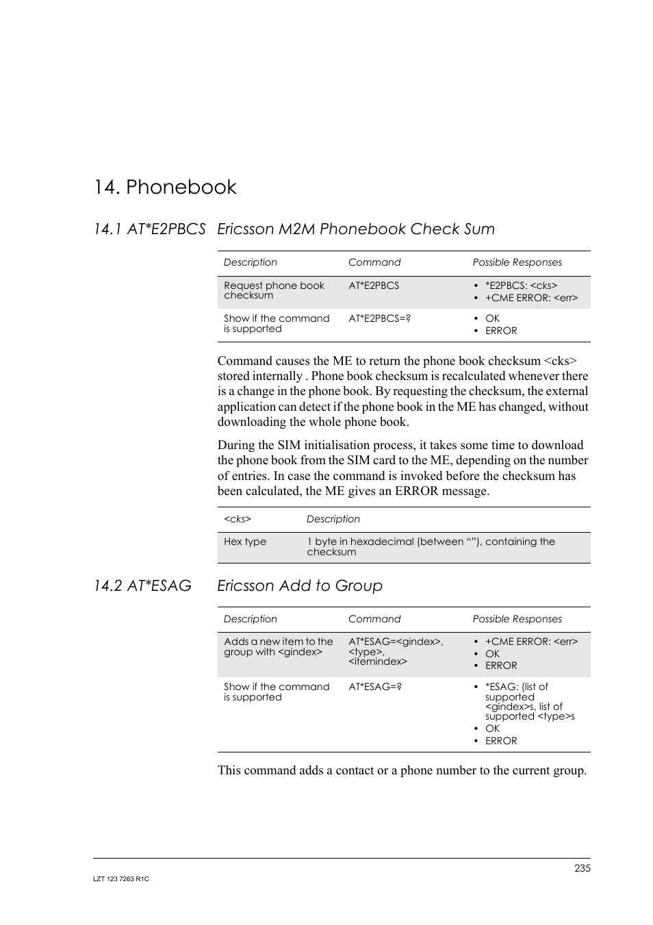 Phonebook, 1 at*e2pbcs ericsson m2m phonebook check sum, 2 at*esag ericsson add to group | 1 at*e2pbcs, Ericsson m2m phonebook check sum, 2 at*esag, Ericsson add to group | Sony Ericsson GM47 User Manual | Page 235 / 338