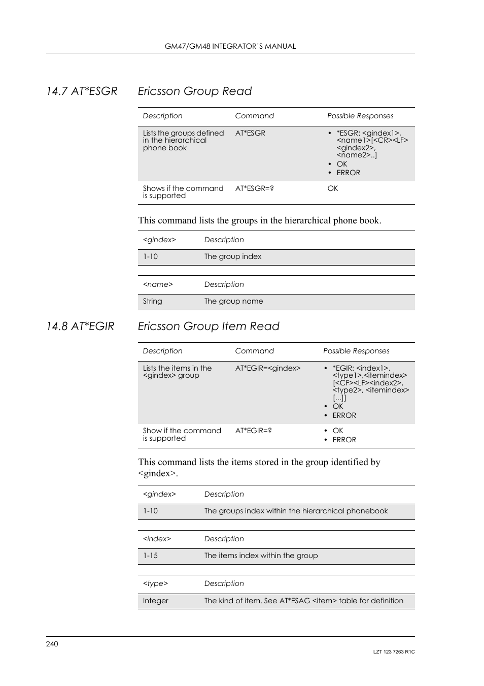 7 at*esgr ericsson group read, 8 at*egir ericsson group item read, 7 at*esgr | Ericsson group read, 8 at*egir, Ericsson group item read | Sony Ericsson GM47 User Manual | Page 240 / 338