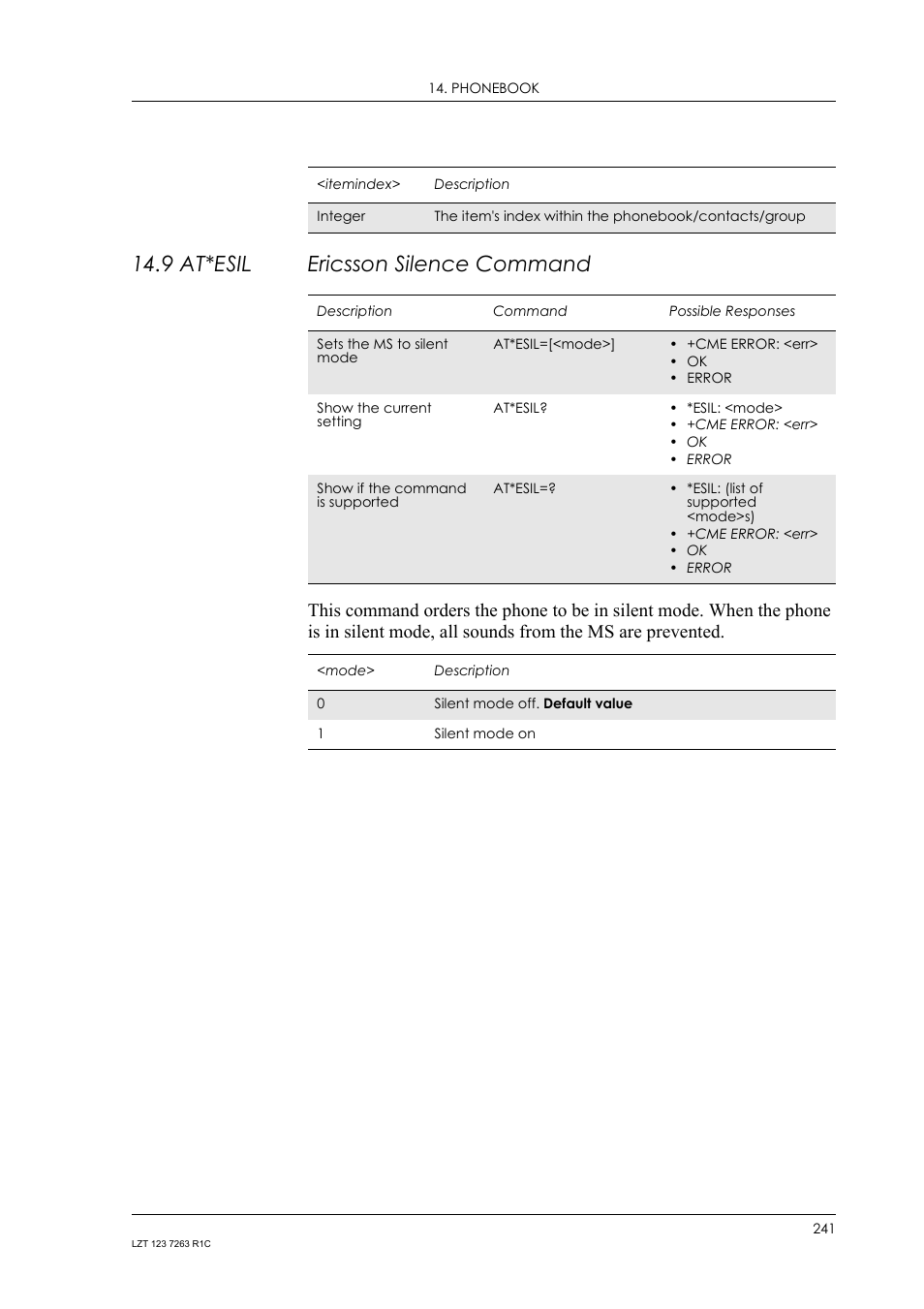 9 at*esil ericsson silence command, 9 at*esil, Ericsson silence command | Sony Ericsson GM47 User Manual | Page 241 / 338