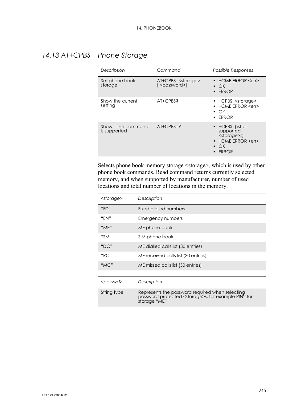 13 at+cpbs phone storage, 13 at+cpbs, Phone storage | Sony Ericsson GM47 User Manual | Page 245 / 338