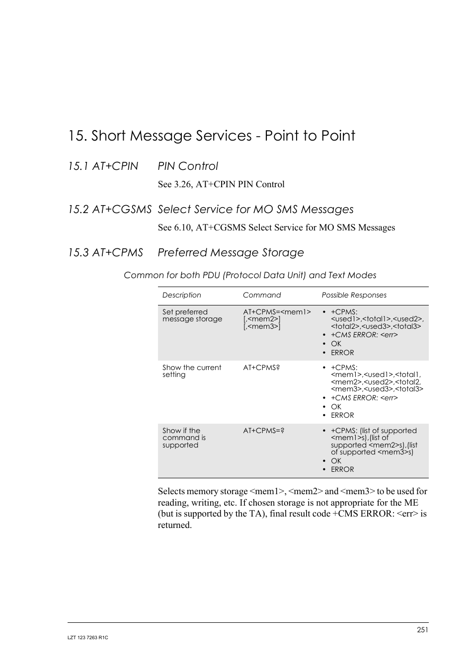 Short message services - point to point, 1 at+cpin pin control, 2 at+cgsms select service for mo sms messages | 3 at+cpms preferred message storage, 1 at+cpin, Pin control, 2 at+cgsms, Select service for mo sms messages, 3 at+cpms, Preferred message storage | Sony Ericsson GM47 User Manual | Page 251 / 338