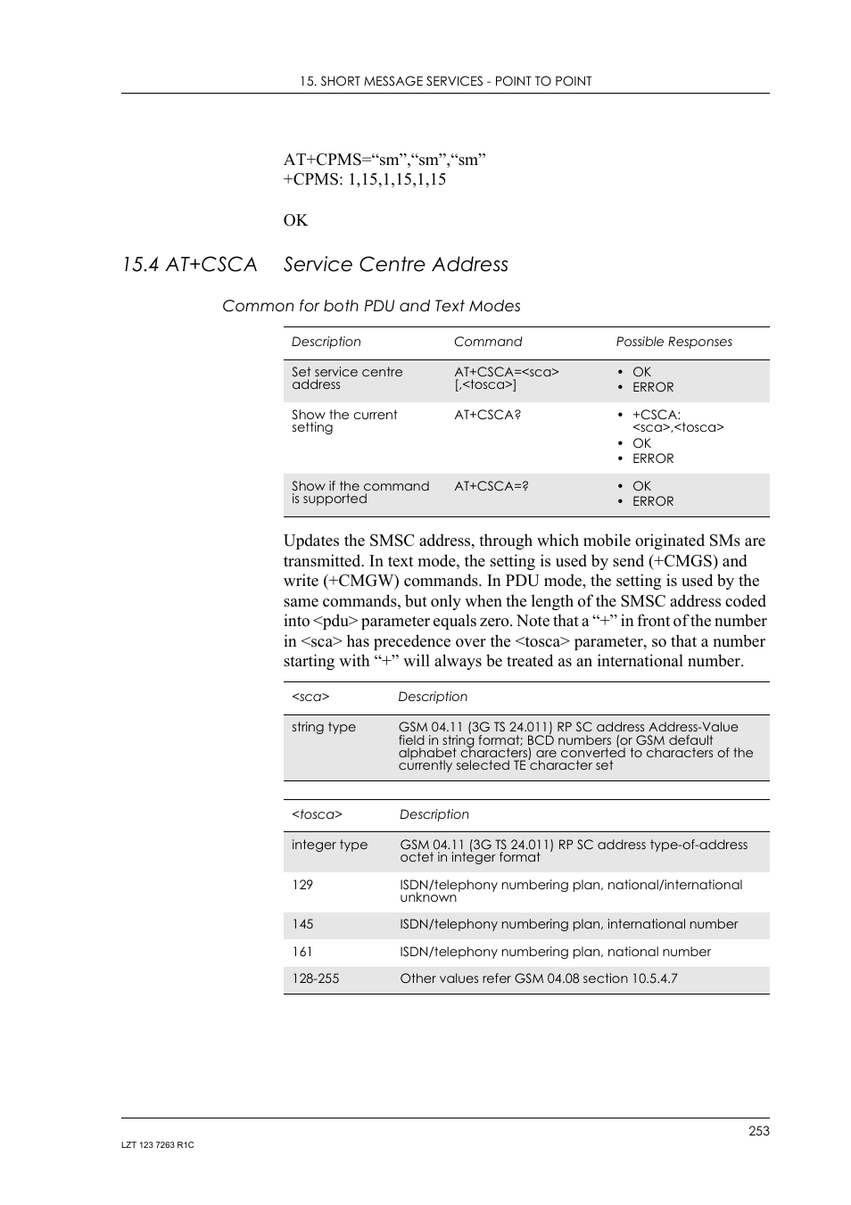 4 at+csca service centre address, Common for both pdu and text modes, 4 at+csca | Service centre address | Sony Ericsson GM47 User Manual | Page 253 / 338