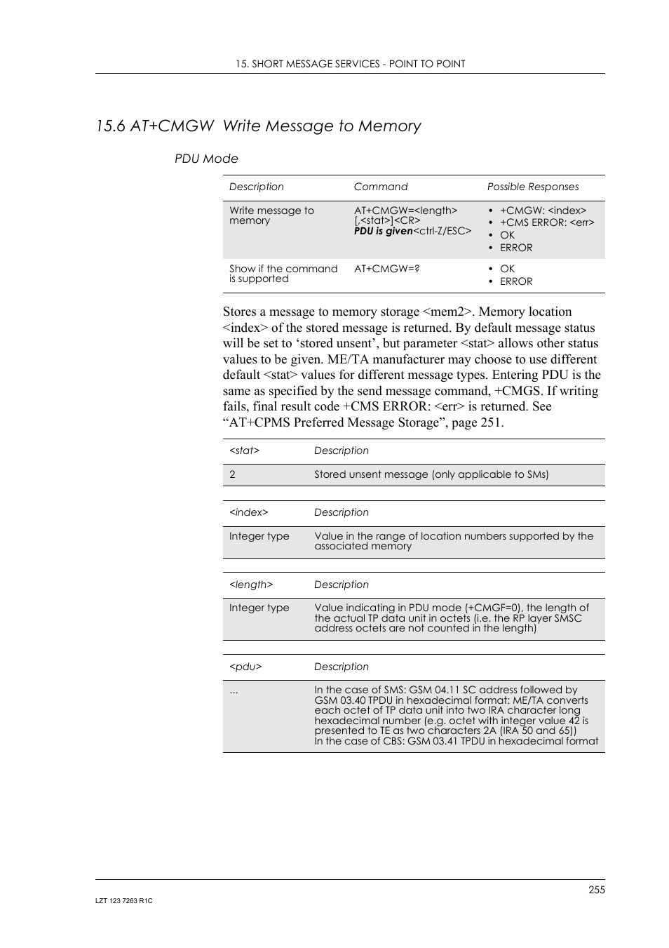 6 at+cmgw write message to memory, Pdu mode, 6 at+cmgw | Write message to memory | Sony Ericsson GM47 User Manual | Page 255 / 338