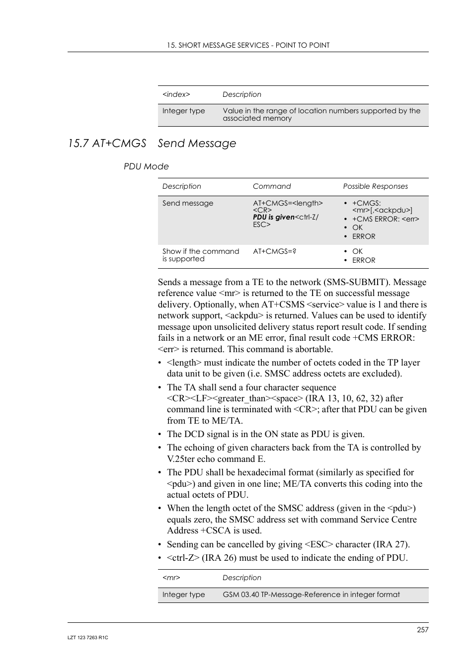 7 at+cmgs send message, Pdu mode, 7 at+cmgs | Send message | Sony Ericsson GM47 User Manual | Page 257 / 338