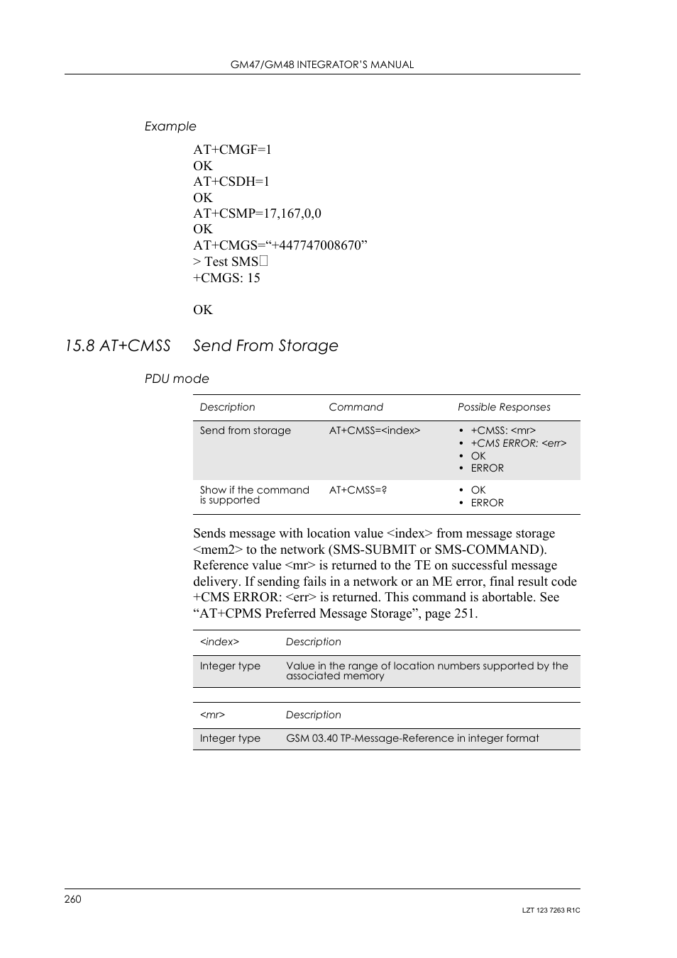 Example, 8 at+cmss send from storage, Pdu mode | 8 at+cmss, Send from storage, Cmgs: 15 ok | Sony Ericsson GM47 User Manual | Page 260 / 338