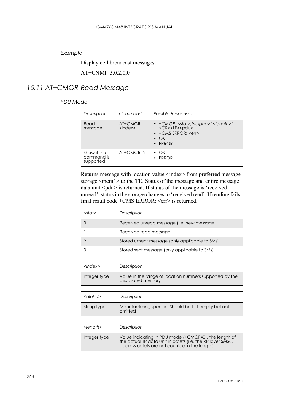 Example, 11 at+cmgr read message, Pdu mode | 11 at+cmgr, Read message | Sony Ericsson GM47 User Manual | Page 268 / 338
