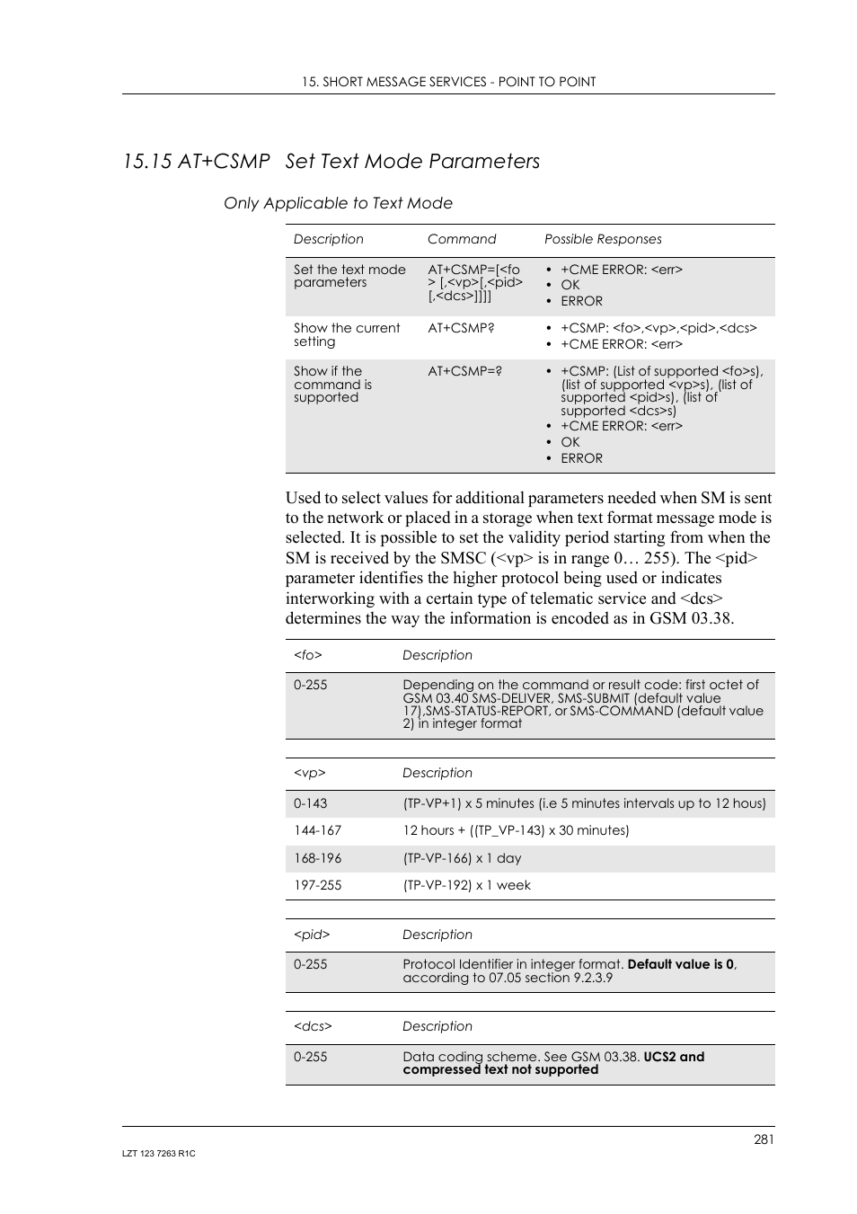 15 at+csmp set text mode parameters, Only applicable to text mode, 15 at+csmp | Set text mode parameters | Sony Ericsson GM47 User Manual | Page 281 / 338