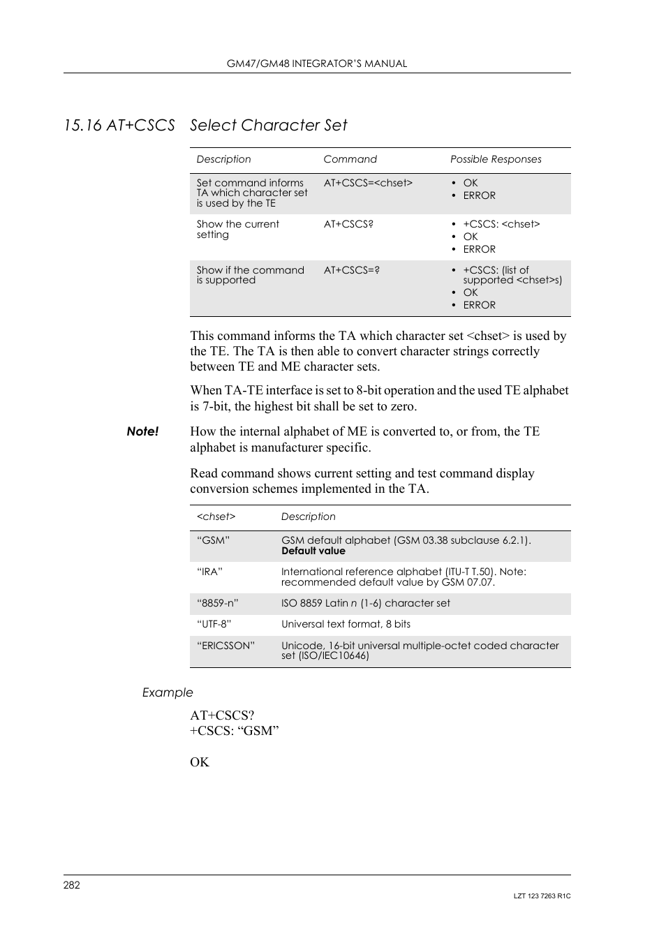16 at+cscs select character set, Example, 16 at+cscs | Select character set, At+cscs? +cscs: “gsm” ok | Sony Ericsson GM47 User Manual | Page 282 / 338