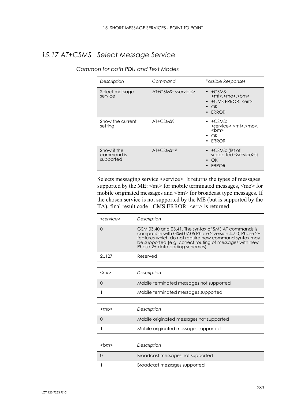 17 at+csms select message service, Common for both pdu and text modes, 17 at+csms | Select message service | Sony Ericsson GM47 User Manual | Page 283 / 338