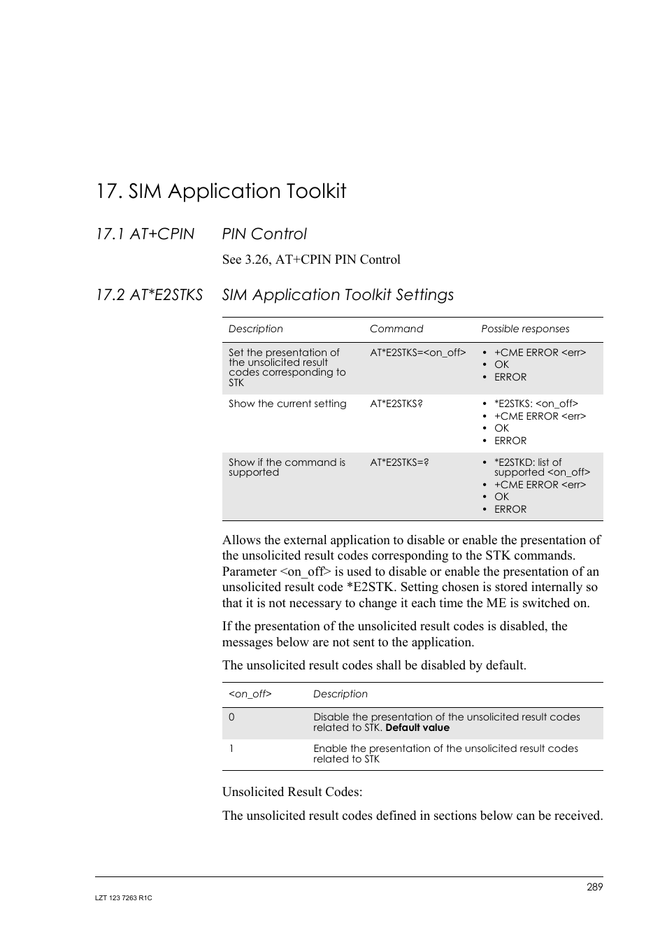 Sim application toolkit, 1 at+cpin pin control, 2 at*e2stks sim application toolkit settings | 1 at+cpin, Pin control, 2 at*e2stks, Sim application toolkit settings, See 3.26, at+cpin pin control | Sony Ericsson GM47 User Manual | Page 289 / 338