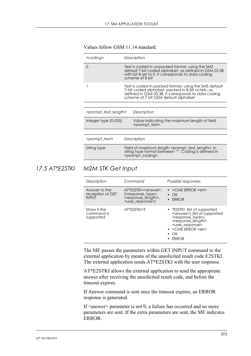 5 at*e2stki m2m stk get input, 5 at*e2stki, M2m stk get input | Values follow gsm 11.14 standard | Sony Ericsson GM47 User Manual | Page 293 / 338