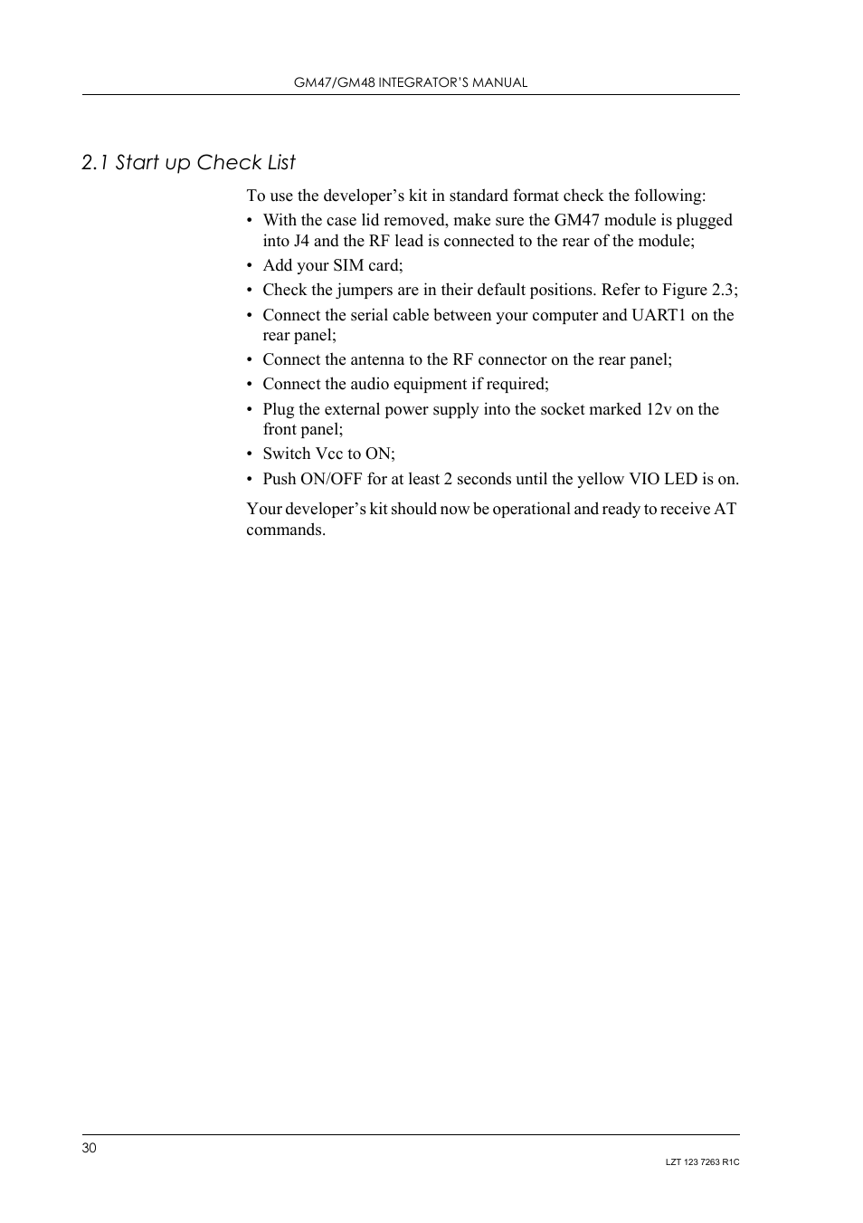 1 start up check list, Start up check list | Sony Ericsson GM47 User Manual | Page 30 / 338