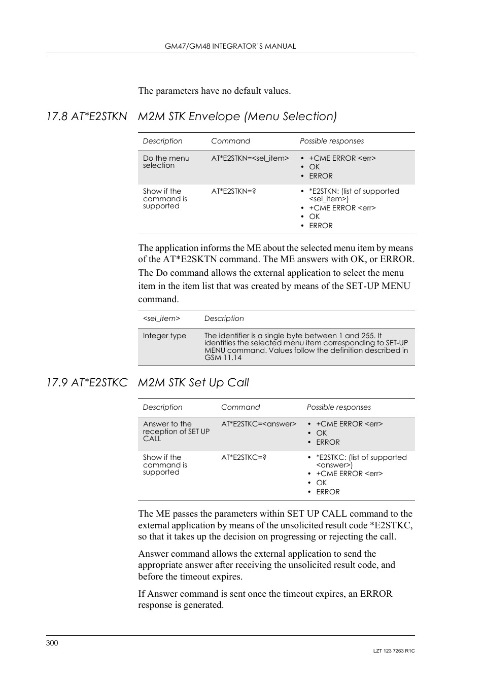 8 at*e2stkn m2m stk envelope (menu selection), 9 at*e2stkc m2m stk set up call, 8 at*e2stkn | M2m stk envelope (menu selection), 9 at*e2stkc, M2m stk set up call, The parameters have no default values | Sony Ericsson GM47 User Manual | Page 300 / 338