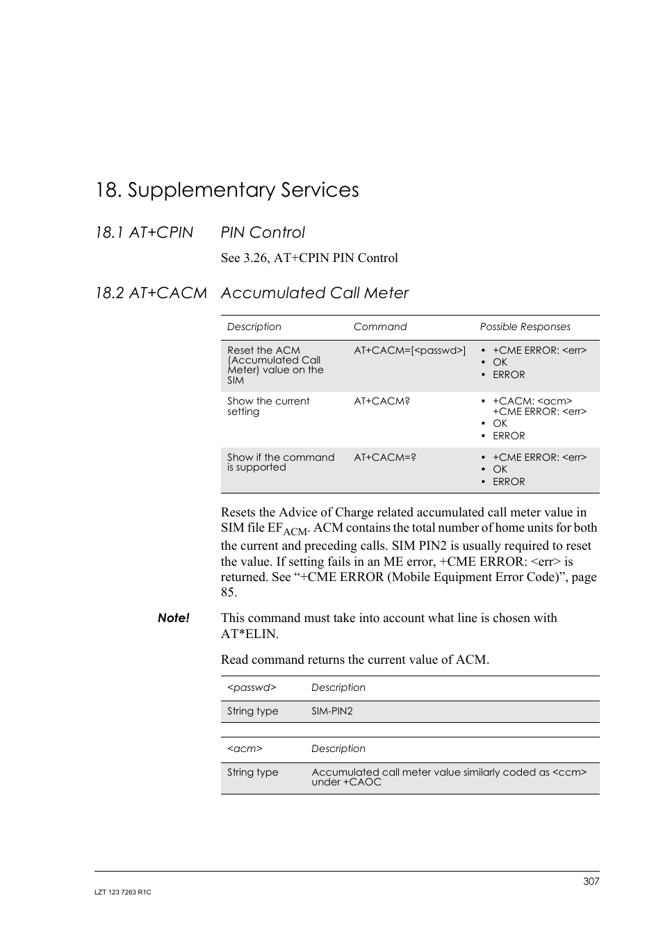 Supplementary services, 1 at+cpin pin control, 2 at+cacm accumulated call meter | 1 at+cpin, Pin control, 2 at+cacm, Accumulated call meter, See 3.26, at+cpin pin control | Sony Ericsson GM47 User Manual | Page 307 / 338