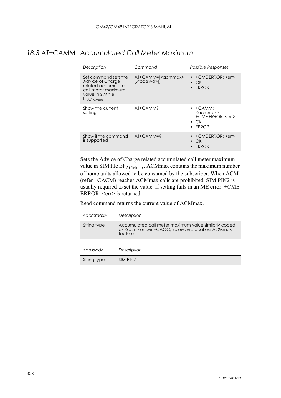 3 at+camm accumulated call meter maximum, 3 at+camm, Accumulated call meter maximum | Sony Ericsson GM47 User Manual | Page 308 / 338