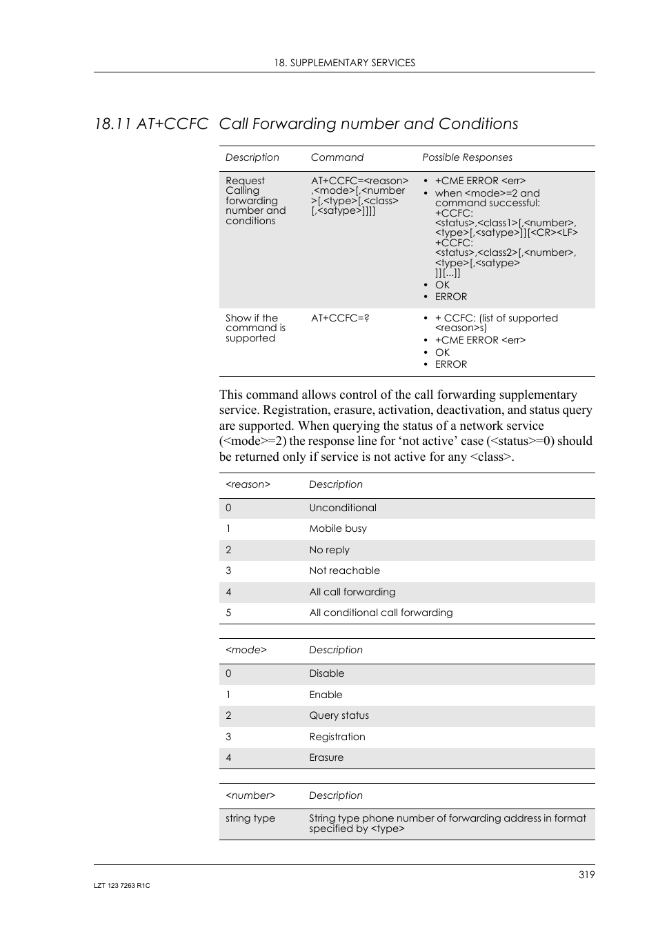 11 at+ccfc call forwarding number and conditions, 11 at+ccfc, Call forwarding number and conditions | Sony Ericsson GM47 User Manual | Page 319 / 338